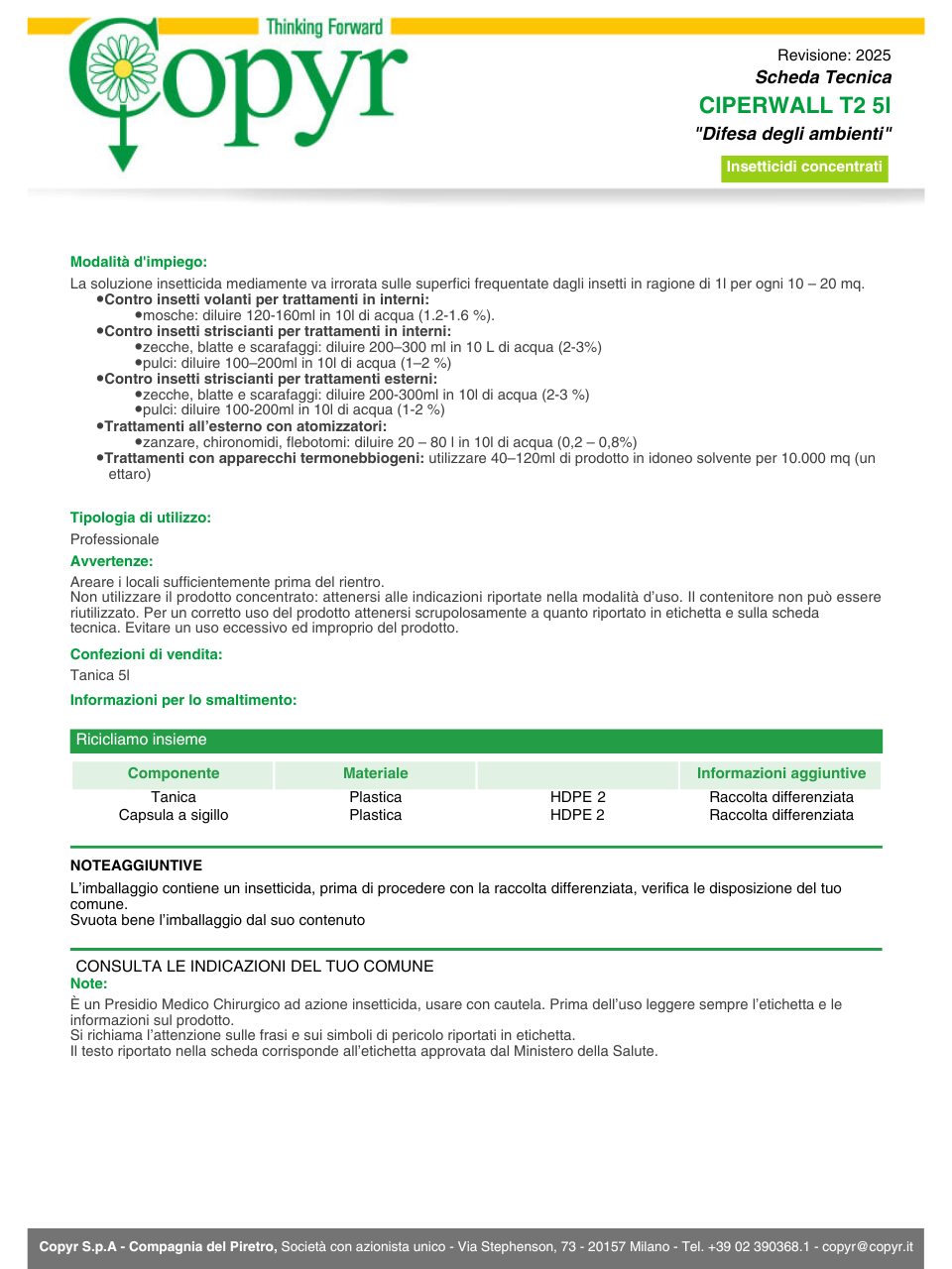Ciperwall T2 insetticida concentrato 5L - Uso civile e domestico - Contro blatte,mosche,zanzare,formiche