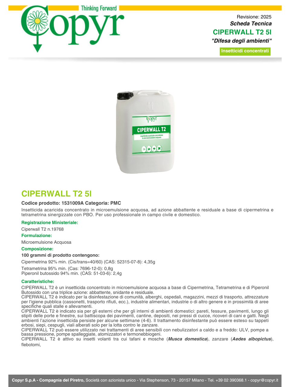 Ciperwall T2 insetticida concentrato 5L - Uso civile e domestico - Contro blatte,mosche,zanzare,formiche