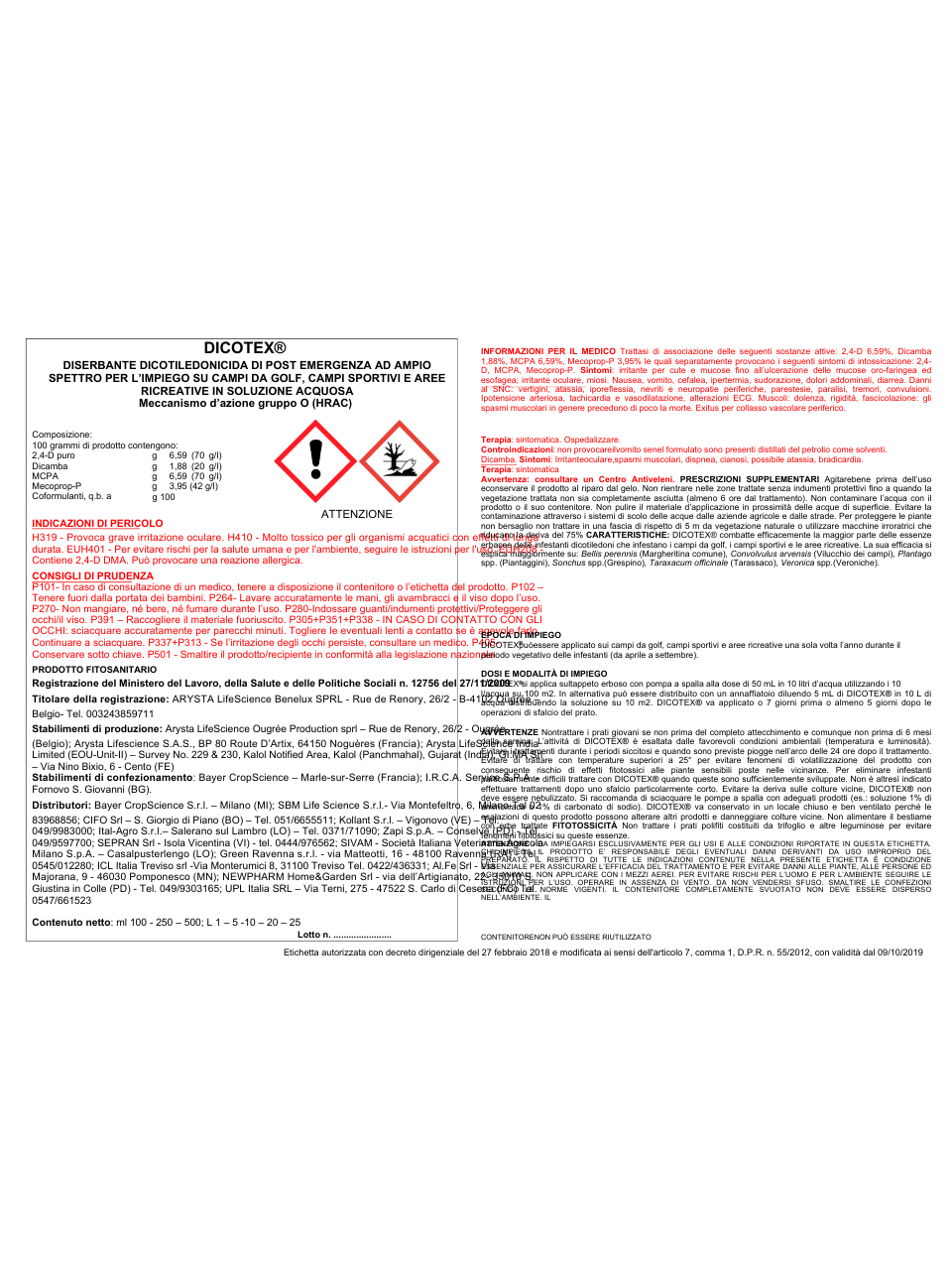 Dicotex diserbante selettivo per tappeti erbosi L1