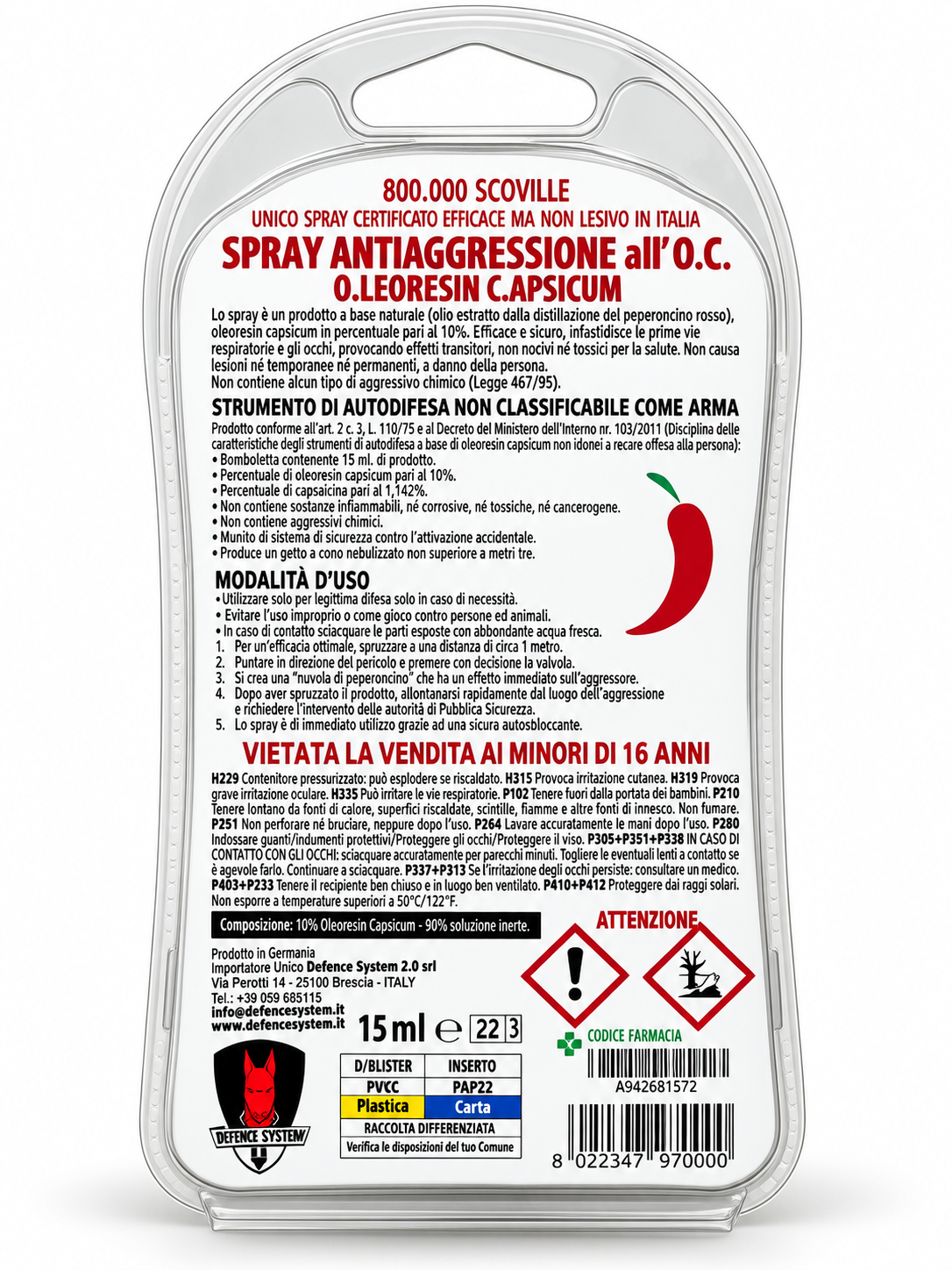 DI.VA. BASE Spray Antiaggressione al Peperoncino 15 ml – Oleoresin Capsicum 10%, Fino a 2 metri
