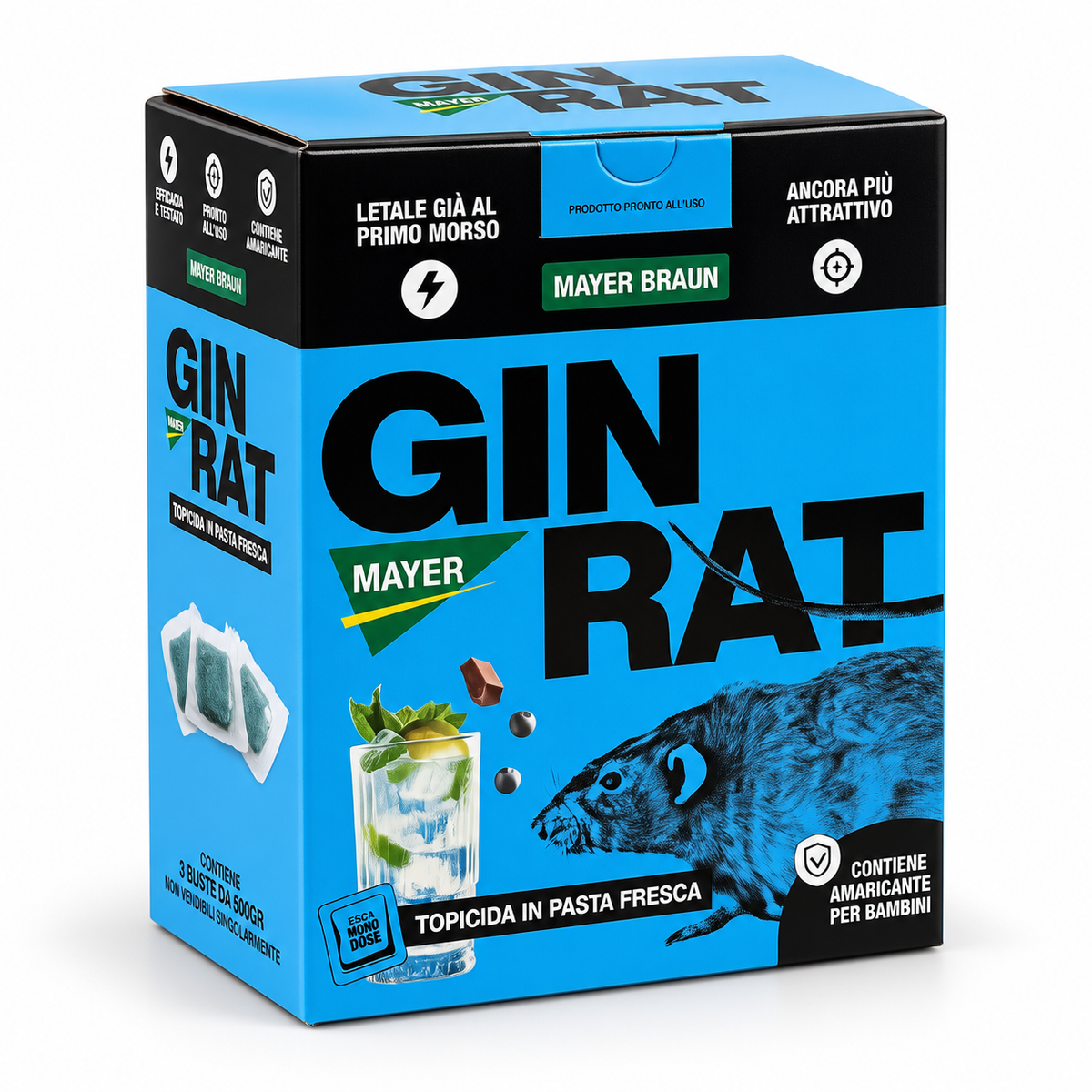 GIN RAT Topicida in Pasta Fresca 1,5 kg - 3 x 500 g, Esca Rodenticida Pronta all’Uso per Topi e Ratti, Aroma Gin Tonic