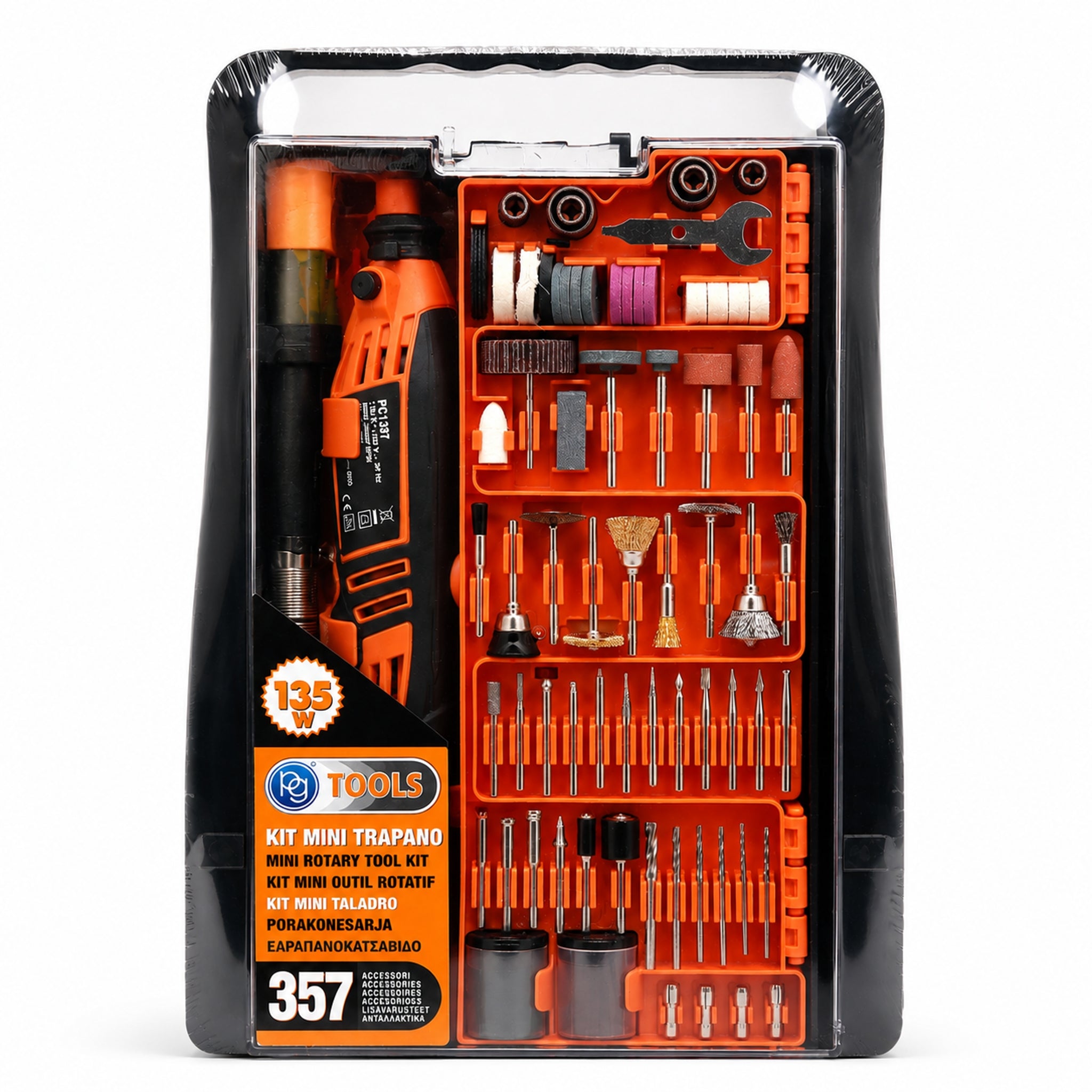 Kit Mini Trapano 135W – con 357 Accessori, Velocità Variabile, Albero Flessibile