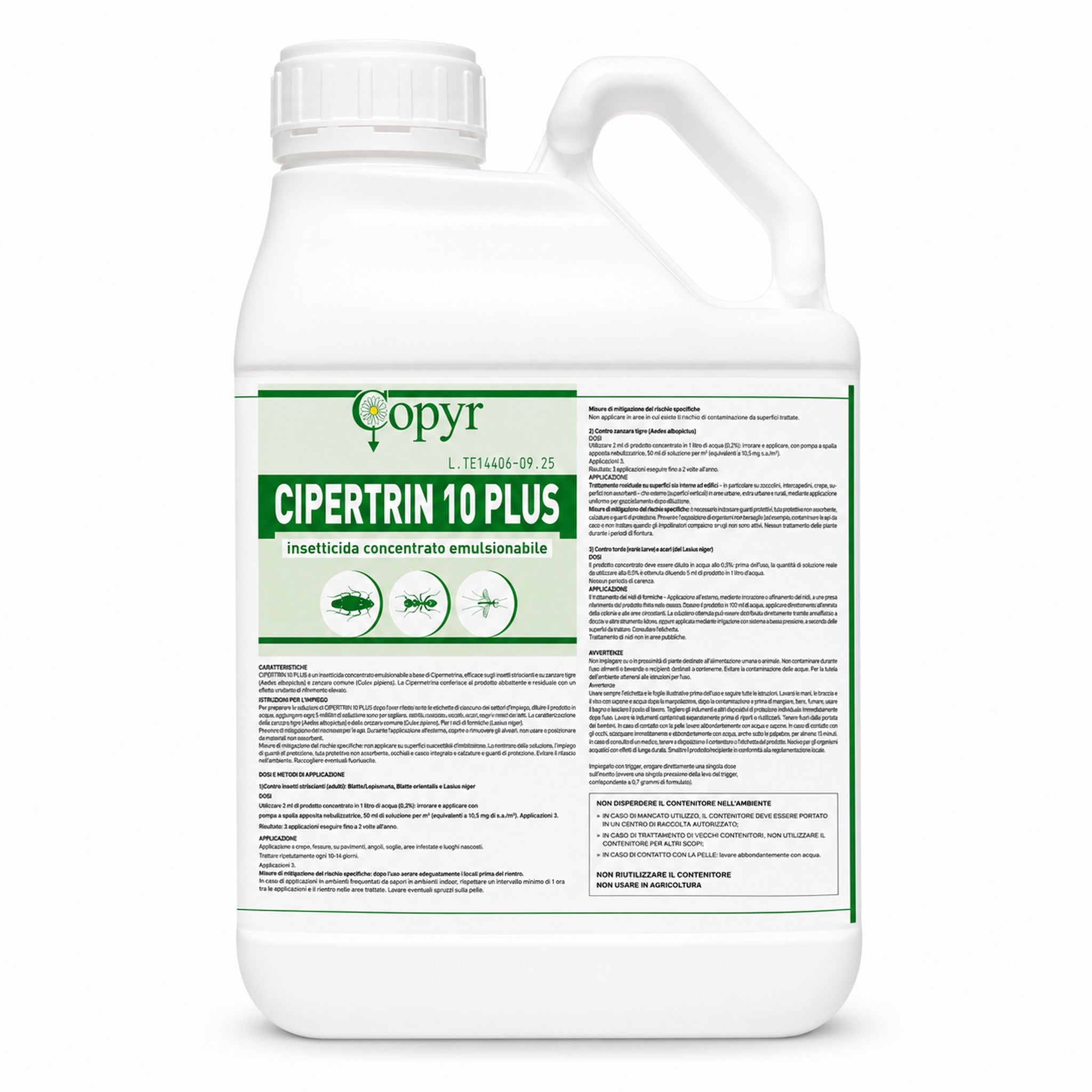 Cipertrin 10 Plus 5 L Copyr – Insetticida a Rapido Effetto Abbattente contro Zanzara Tigre, Blatte e Formiche - NaturePro