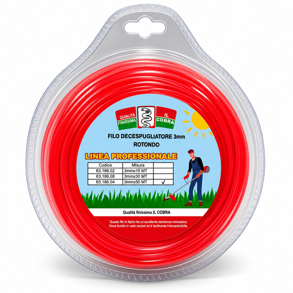 Cobra Filo per Decespugliatore Rotondo in Nylon 3 mm x 15/50 mt Filo Professionale Alta Resistenza, Taglio Erba e Vegetazion