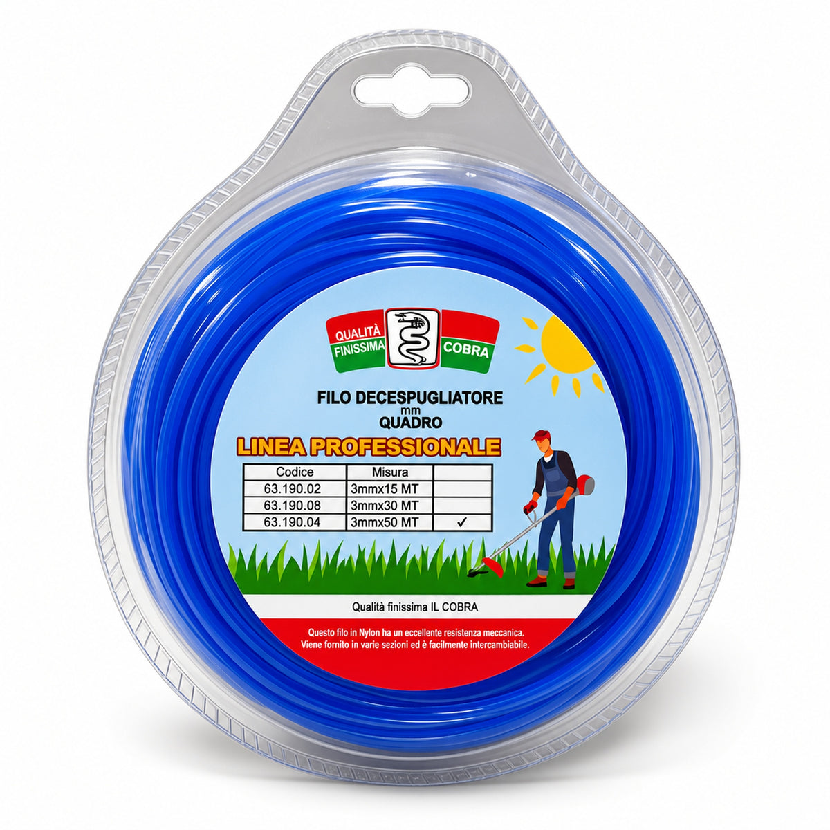 Cobra Filo per Decespugliatore Quadro in Nylon 3 mm 15/50 mt – Filo Professionale Alta Resistenza, Taglio Erba e Vegetazione