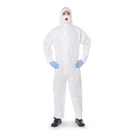 Tuta monouso bianca in polipropilene 40 g/m² con cappuccio ed elastici